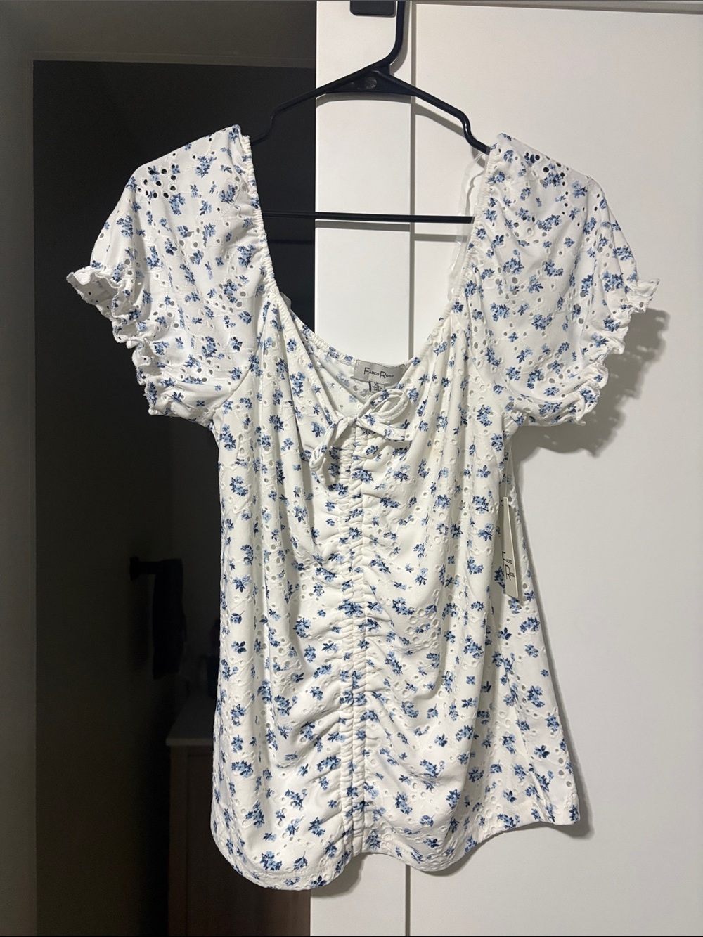 Ruched Front Mini Dress in White with Blue Floral